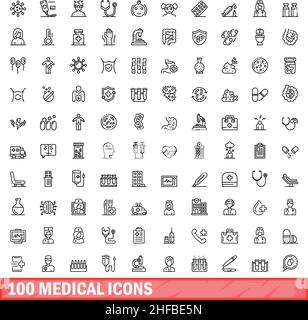 100 medizinische Symbole eingestellt. Skizzieren Sie die Darstellung von 100 medizinischen Symbolen, Vektorset isoliert auf weißem Hintergrund Stock Vektor
