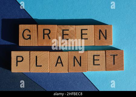 Grüner Planet, Wörter in hölzernen Buchstaben isoliert auf blauem Hintergrund Stockfoto