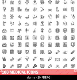 100 medizinische Symbole eingestellt. Skizzieren Sie die Darstellung von 100 medizinischen Symbolen, Vektorset isoliert auf weißem Hintergrund Stock Vektor