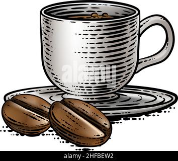 Kaffeebohnen Und Tasse Vintage Holzschnitt Illustration Stock Vektor