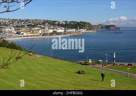 Der Blick über die Mündung des Flusses Teign in Richtung Teignmouth, South Devon, von Shaldon aus gesehen. Stockfoto