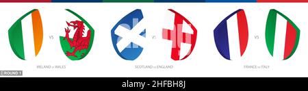 Rugby-Spiele der 1. Runde, Rugby-Turnier-Symbol. Vektor-Rugby-Symbol. Stock Vektor