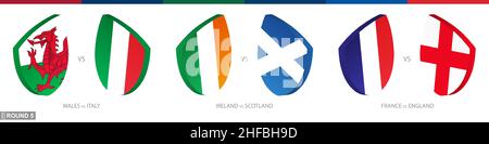 Rugby-Spiele der 5. Runde, Rugby-Turnier-Symbol. Vektor-Rugby-Symbol. Stock Vektor