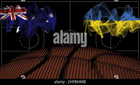 Australien vs Ukraine Basketball, Rauchflagge, Sportspiel Stockfoto