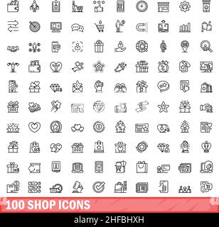 100 Shop Icons Set. Skizzieren Sie die Darstellung von 100 Shop-Symbolen, die auf weißem Hintergrund isoliert sind Stock Vektor