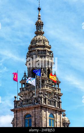 Vista campanario catedral de Santiago de Compostela Stockfoto