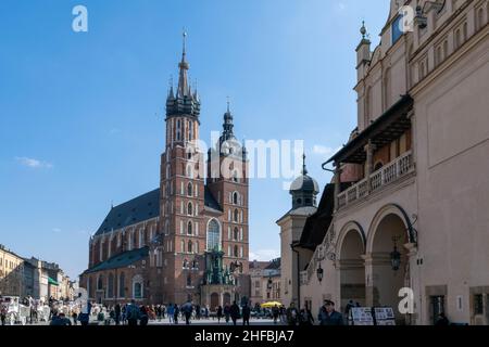 Krakau, Polen - 9th. März 2020: Die Marienbasilika ist eine gotische Backsteinkirche neben dem Hauptmarkt in Krakau. Gegenüber Der Tuchhalle. Stockfoto