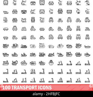 100 Transportsymbole eingestellt. Skizzieren Sie die Darstellung von 100 Transportsymbolen, die auf weißem Hintergrund isoliert sind Stock Vektor