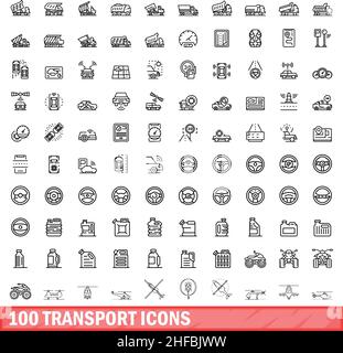 100 Transportsymbole eingestellt. Skizzieren Sie die Darstellung von 100 Transportsymbolen, die auf weißem Hintergrund isoliert sind Stock Vektor