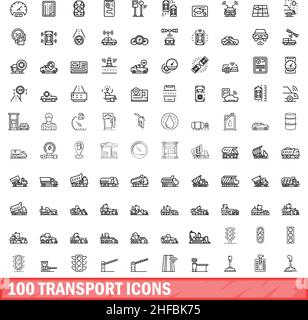 100 Transportsymbole eingestellt. Skizzieren Sie die Darstellung von 100 Transportsymbolen, die auf weißem Hintergrund isoliert sind Stock Vektor