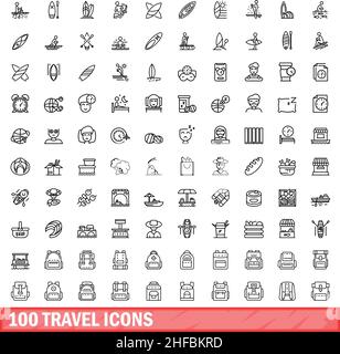 100 Reisesymbole eingestellt. Skizzieren Sie die Darstellung von 100 Vektor-Symbolen für Reisen, die isoliert auf weißem Hintergrund eingestellt sind Stock Vektor