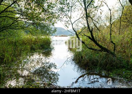 Wunderschöne Aussicht auf Derwentwaterin der malerischen Marktstadt Keswick im Lake District, England. Der See ist drei Meilen lang und wird vom Ri gespeist Stockfoto