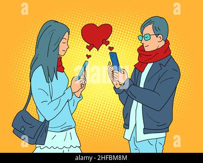 Love valentine Heart Red ein Paar von einem Mann und einer Frau mit Telefonen, Abhängigkeit von Online-sozialen Netzwerken Stock Vektor