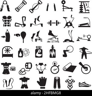 Sport, Fitnessraum und Fitnessgeräte Symbole Stock Vektor