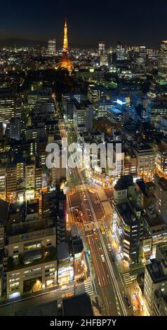 Tokio, Japan – 13. November 2007: Die Nachtansicht des Shiba-koen-Viertels der Stadt Minato mit dem hell erleuchteten roten Tokyo-Turm aus der Sicht Stockfoto