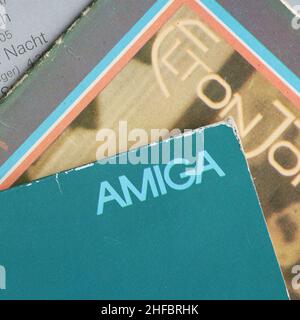 Aufnahmen des ehemaligen DDR-Plattenlabels Amiga, das heute zu Sony Music gehört. Amiga wurde am 3. Februar 1947 gegründet. Stockfoto