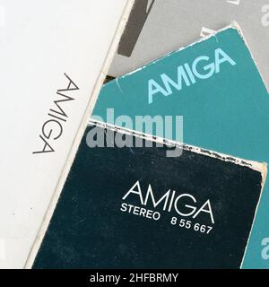 Aufnahmen des ehemaligen DDR-Plattenlabels Amiga, das heute zu Sony Music gehört. Amiga wurde am 3. Februar 1947 gegründet. Stockfoto