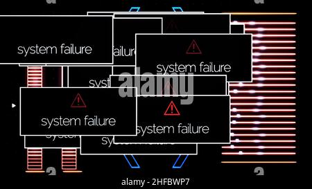Abstrakter Laptop-Bildschirm mit Systemschäden-Fehlermeldungen und Signalrauschen, Cyber-Sicherheitskonzept. Pop-ups für Systemfehler auf dem Computermonitor Chan Stockfoto
