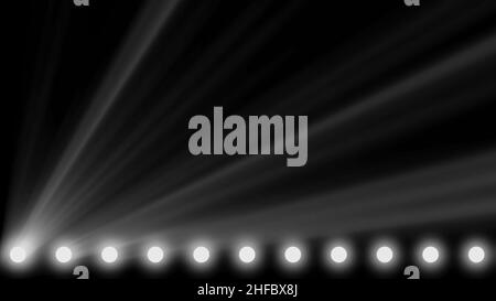 Animation der Bühne leuchten Rahmen. Helle glänzende Bühne Leuchten blinken Bewegung Unterhaltung spotlight Projektoren in den dunklen, blau weiches Licht Scheinwerfer Stockfoto