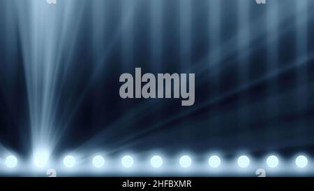 Animation der Bühne leuchten Rahmen. Helle glänzende Bühne Leuchten blinken Bewegung Unterhaltung spotlight Projektoren in den dunklen, blau weiches Licht Scheinwerfer Stockfoto