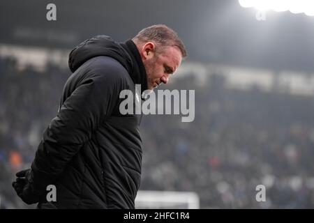 DERBY, GROSSBRITANNIEN. JAN 15th Wayne Rooney, Manager von Derby County während des Sky Bet Championship-Spiels zwischen Derby County und Sheffield United im Pride Park, Derby am Samstag, 15th. Januar 2022. (Kredit: Jon Hobley | MI News) Kredit: MI Nachrichten & Sport /Alamy Live News Stockfoto