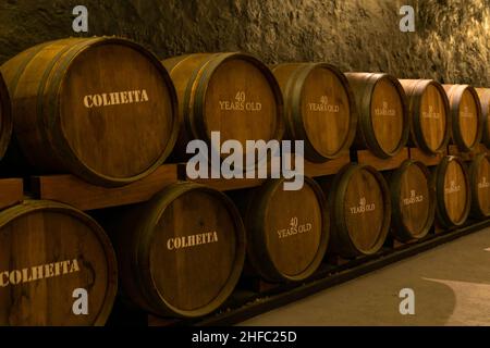 Holzeiche Portweinfässer in ordentlichen Reihen in Porto, Portugal. Hintergrund des Weinbaukonzepts. Portwein, angereicherter Wein und Whisky werden jahrelang gelagert, um zu reifen Stockfoto