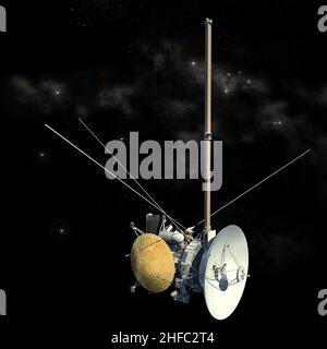 Unbemannte Raumsonde ähnlich dem Orbiter-Satelliten Cassini Huygens, wobei der Isolationspfad in der Abbildung von 3D enthalten ist. Stockfoto