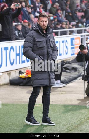 NORTHAMPTON, GROSSBRITANNIEN. JAN 16th Forest Green Rovers-Manager Rob Edwards vor dem Sky Bet League 2-Spiel zwischen Northampton Town und Forest Green Rovers im PTS Academy Stadium, Northampton am Samstag, 15th. Januar 2022. (Kredit: John Cripps | MI Nachrichten) Kredit: MI Nachrichten & Sport /Alamy Live Nachrichten Stockfoto