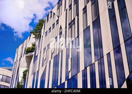 Modernes, nachhaltiges Düsseldorfer Gebäude „Kö-Bogen“, entworfen vom New Yorker Stararchitekten Daniel Libeskind, mit Pflanzen in der Fassade. Stockfoto