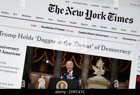 Computerfoto der Titelseite der New York Times vom 6. Januar 2021, die über den Jahrestag des Angriffs auf das US-Kapitol im Jahr 2021 berichtet. Stockfoto