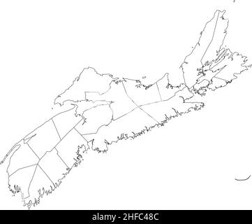 Weiße flache leere Vektor-Verwaltungskarte der Grafschaften der kanadischen Provinz NOVA SCOTIA, KANADA mit schwarzen Grenzlinien ihrer Grafschaften Stock Vektor