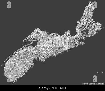 Topographische Negativrelief-Karte der kanadischen Provinz NOVA SCOTIA, KANADA mit weißen Konturlinien auf dunkelgrauem Hintergrund Stock Vektor