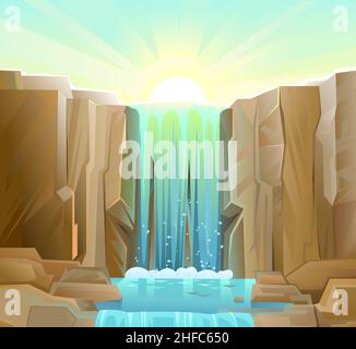 Wasserfall zwischen Felsen. Schöne sonnige Landschaft. Kaskade schimmert nach unten. Fließendes Wasser. Vektor. Stock Vektor