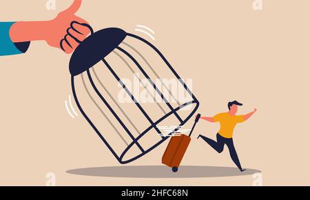 Reisen nach der Pandemie und der globale Tourismus eröffnen das Konzept für die Darstellung von Geschäftsvektoren für Reisen erneut. Mann im Käfig Rennen zur Abreise und Abenteuer-Holid Stock Vektor
