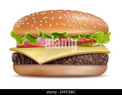 Hamburger. Klassischer Burger. Amerikanischer Cheeseburger mit Salat Tomate Zwiebel Käse Rindfleisch und Sauce Nahaufnahme isoliert auf weißem Hintergrund. Fast Food Stock Vektor