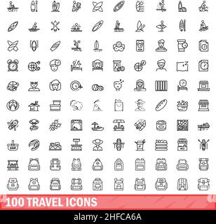 100 Reisesymbole eingestellt. Skizzieren Sie die Darstellung von 100 Vektor-Symbolen für Reisen, die isoliert auf weißem Hintergrund eingestellt sind Stock Vektor