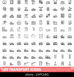 100 Transportsymbole eingestellt. Skizzieren Sie die Darstellung von 100 Transportsymbolen, die auf weißem Hintergrund isoliert sind Stock Vektor