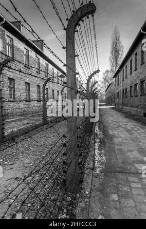 AUSCHWITZ-BIRKENAU. POLEN, 9. JANUAR 2022: Baracken und Draht des Nazismus-Konzentrationslagers Auschwitz Stockfoto