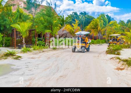 Holbox Mexiko 22. Dezember 2021 Golf Cart Taxi Car Carts fährt am Strand und an der Sandbank auf der Holbox Insel Mexiko. Stockfoto