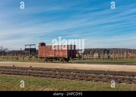 AUSCHWITZ-BIRKENAU. POLEN, 9. JANUAR 2022: Echter Zug, der von den Nazisten benutzt wurde, um die Gefangenen des Vernichtungslagers Auschwitz II Birkenau zu transportieren Stockfoto