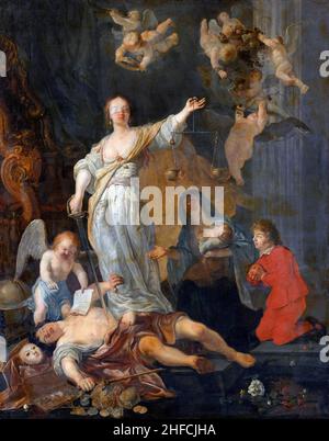 Der Triumph der Gerechtigkeit des niederländischen Künstlers Gabriël Metsu (1629–1667), Öl auf Leinwand, c. 1655-60 Stockfoto