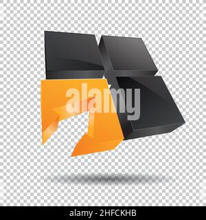 Pfeil in einem Fensterwürfelrahmen 3D Vektor-Icon als Logo-Formation in schwarz und orange glänzenden Farben, Corporate Design auf kariertem transparentem Hintergrund. V Stock Vektor