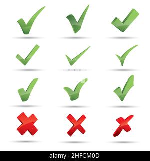3D Prüfzeichen. Grünes Häkchen, rotes Kreuz. JA oder NEIN Akzeptieren und Ablehnen. Schaltflächen für Abstimmung, Wahlauswahl. Leerer, quadratischer Rahmen, Kreis und Stock Vektor