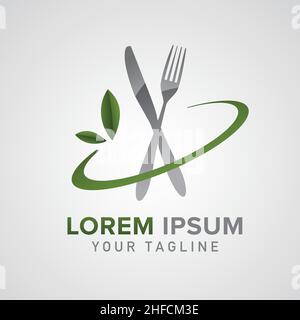 Logo-Design mit Gabel-Teller-Messer aus Glas für das Restaurant „Dining“. Bearbeitbares Design. Corporate Design. Vektorgrafik. EPS 10-Vektordatei. Stock Vektor