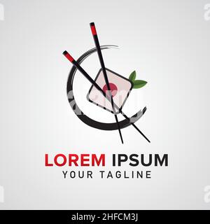 Essstäbchen mit Sushi Swoosh Bowl Oriental Japan Cuisine, Japanese Sushi Seafood Logo Design inspiration template. Corporate Design. Vektordarstellung Stock Vektor