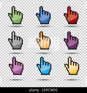 Pixel Hand Vektor Icon Set 3D, ok Symbol in verschiedenen Farben auf kariertem transparentem Hintergrund. Vektorgrafik. EPS 10-Vektordatei. Stock Vektor