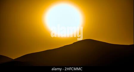 Romantischer Sonnenuntergang mit eigenständigen Bäumen im Vulkangebiet von Lanzarote Stockfoto
