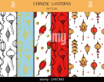 Doodle-Vektor-Satz von nahtlosen Mustern mit chinesischen Papierlaternen. Flache bunte Ikonen orientalische Dekoration der china-Kultur. Illustration von Asian Stock Vektor
