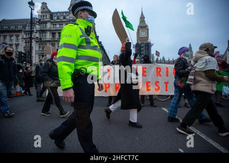 London, England, Großbritannien. 15th Januar 2022. Demonstranten inszenieren im Zentrum von London eine Demonstration gegen das Gesetz der britischen Regierung zu Polizei, Kriminalität, Verurteilung und Gerichten, die der Polizei mehr Macht geben wird, Proteste zu beenden. (Bild: © Tayfun Salci/ZUMA Press Wire) Stockfoto