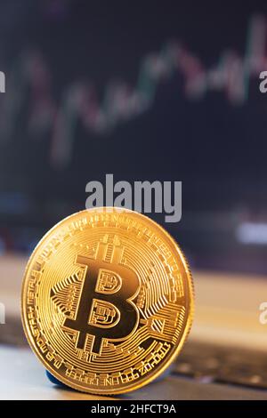 Bitcoin- und Bitcoin-Diagramm. Kryptowährungshandel. Bitcoin-Grafik. Bitcoin-Mining. Finanzmanagement auf pc-Konzept. Geldhandel. Digitaler Handel. Stockfoto